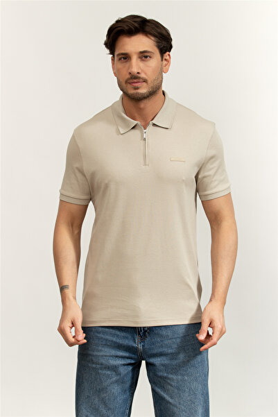 Calvin Klein SS Slim Supima Zip Polo Erkek Polo Yaka T-Shirt Kahverengi
