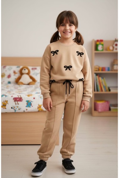 asyagiyimavm25 Kız Çocuk Fiyonk Detaylı Bej Alt Üst Takım - Yumuşak Dokulu Eş...