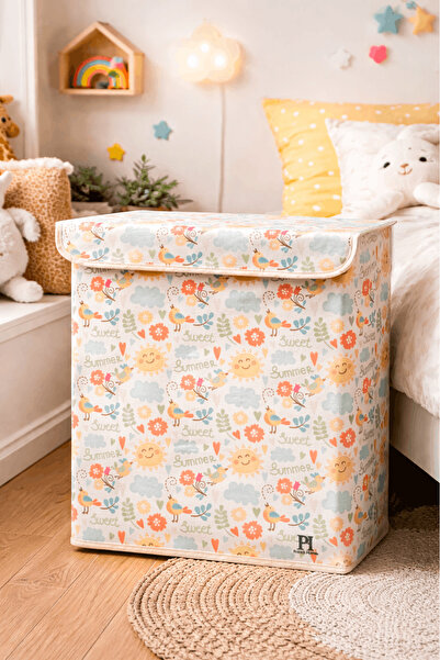 PH Prendi Home ÇİÇEK ve GÜNEŞ Desenli Çok Amaçlı Kapaklı Oyuncak Çamaşır Sakl...
