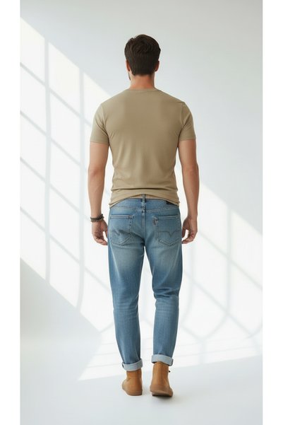 WERRONİ Men's Beige Slim Fit Embossed Printed T-Shirt