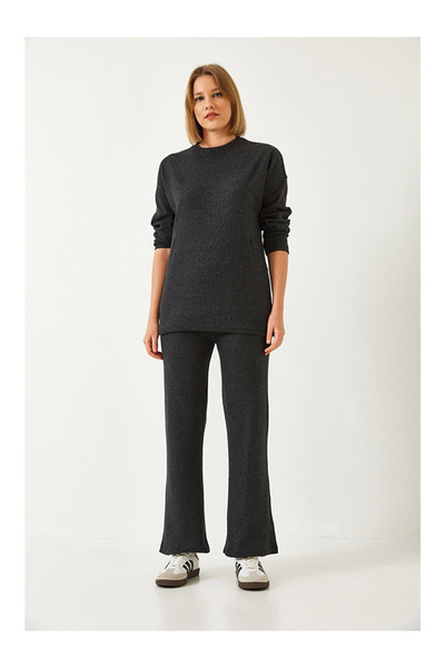 Kutaf Women's Ribbed Knitwear Double Set Crew Neck Sweatshirt and Spanish Fla...