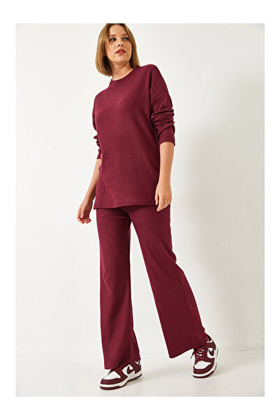 Kutaf Set de tricotaje din tricot ribbit pentru femei, cu hanorac cu gât rotu...