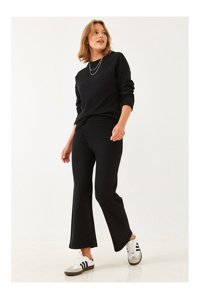 Kutaf Women's Ribbed Knitwear Double Set Crew Neck Sweatshirt and Spanish Fla...