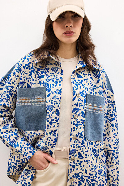 Touché Privé Denim Garnished Patterned Shirt-Jacket