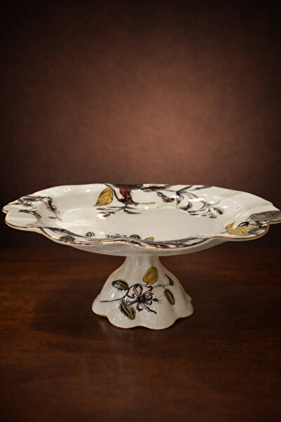 Elips Hediyelik PORSELEN YAPRAKLI KUŞLU AYAKKI PASTA TABAĞI 34 cm