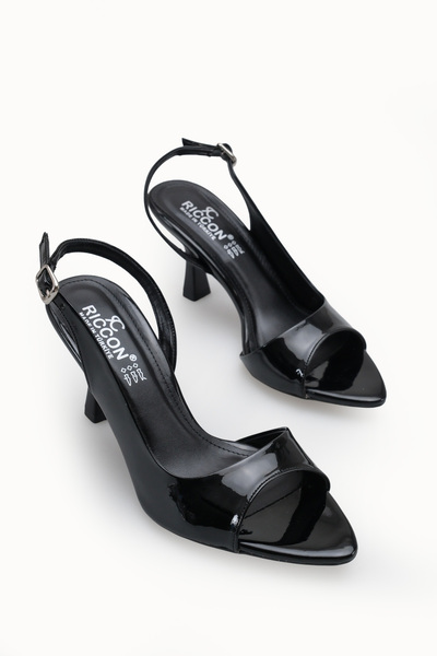 Riccon Women's Open Back Thin Heeled Shoes 00121914 Black Patent Leather
