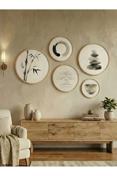 huhuli Σετ 5 στρογγυλών πινάκων Wabi Sabi - Διακόσμηση τοίχου Japandi με φυσι...