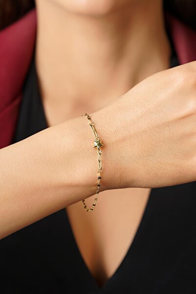 Fiyonk Kuyumculuk 14 Ayar Altın Şişko Yıldız Detaylı Aynalı Zincir Bileklik -...