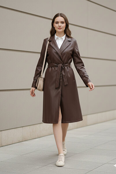 FERHEL Faux Leather Trench Coat with Belt Detail and Snap Closure Pockets - B...