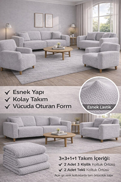 riselerhome Bohem Desen krem Lastikli Koltuk Örtüsü 3+3+1+1 Takımı | Esnek La...