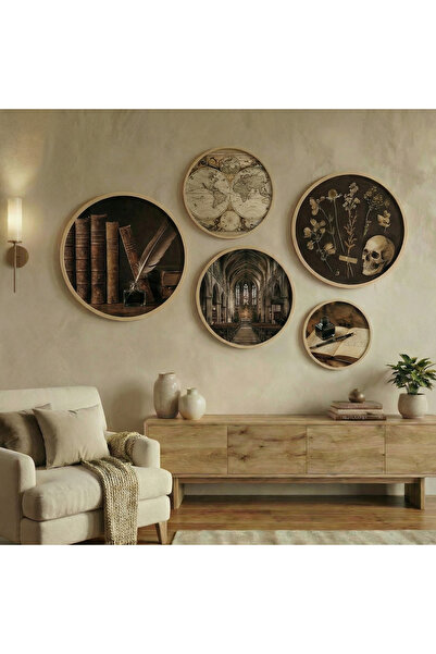 huhuli Set de picturi rotunde din 5 piese Dark Academia - Decor de perete vin...