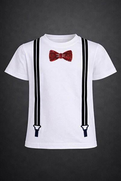 Dıgıl Kids Boy's T-Shirt Bow Tie Suspender Set Printed Red Silver Bow Tie