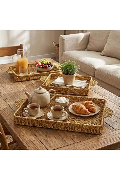 Roichil Interlocking Set of 3 Rectangular Plastic Rattan Trays – Wicker Look,...