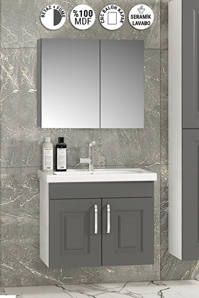 ÖZCEDEN Salkım 65 cm Beyaz-Füme Balon MDF Seramik Lavabolu Asma Banyo Dolabı ...