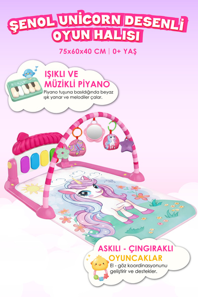 ŞENOL OYUNCAK Piyanolu Unicorn Desenli Bebek Oyun Halısı- Eğitici Müzikli Akt...
