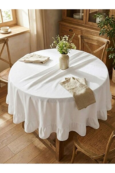Lilza Home Fırfırlı %100 Pamuk Yuvarlak Masa Örtüsü | Doğal Şık