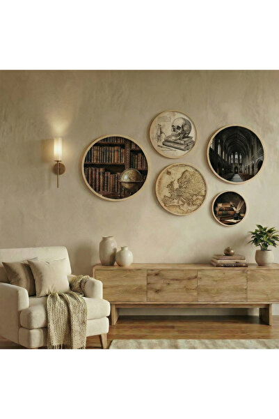 huhuli Set de picturi rotunde din 5 piese Dark Academia - Decor de perete vin...