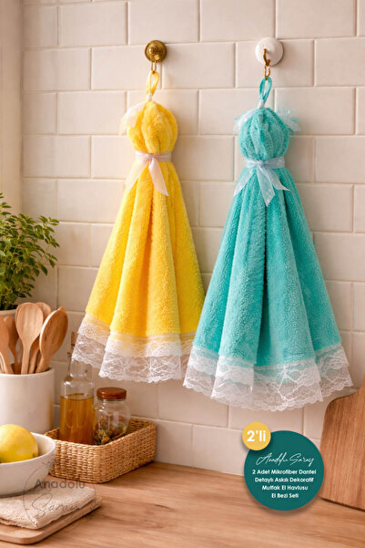 Anadolu Saray 2 Adet Mikrofiber Dantel Detaylı Askılı Dekoratif Mutfak El Hav...