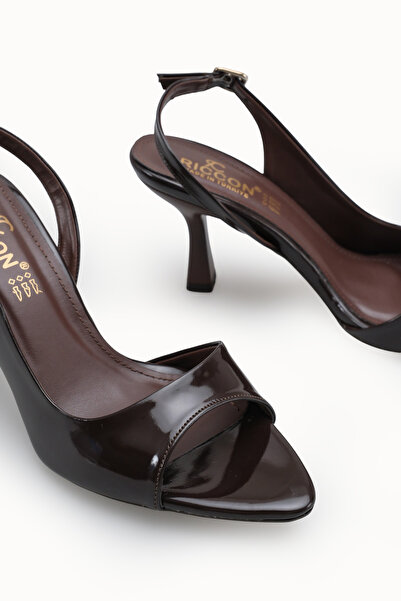 Riccon Women's Open Back Thin Heeled Shoes 00121914 Brown Patent Leather
