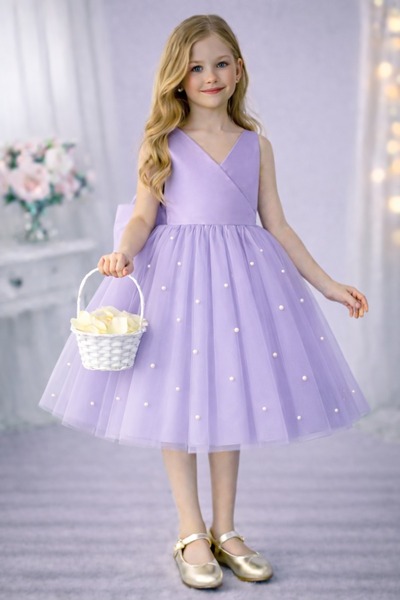 SUNEH Kız Çocuk Lila Eteği İnci Detaylı Anvelop Yaka Mini Sade Balo & Doğum G...