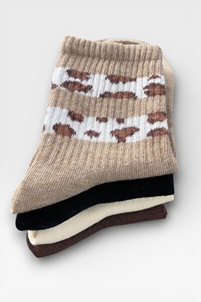 Esinti 4 Pairs of Women's Leopard Patterned Cotton College Socks