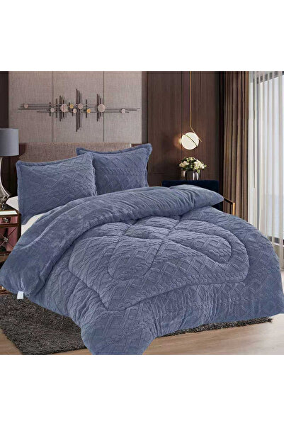 FIONNA.RO Cocolino Knitted Throw with Fur - Light Blue-Grey