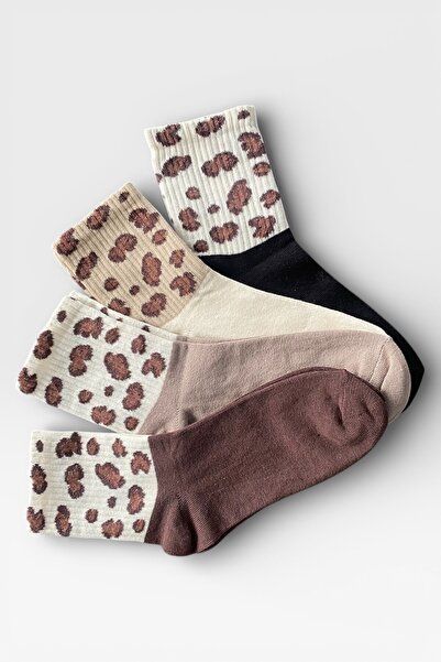 Esinti 4 Pairs of Women's Leopard Patterned Cotton College Socks