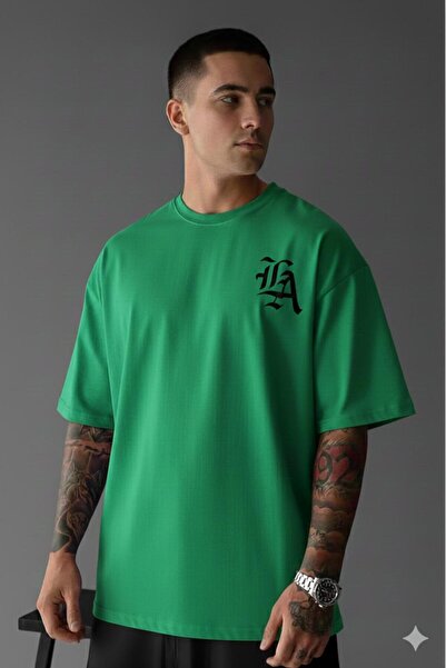 NO 601 Men's Pine Green La Printed Loose Fit Oversize Tshirt