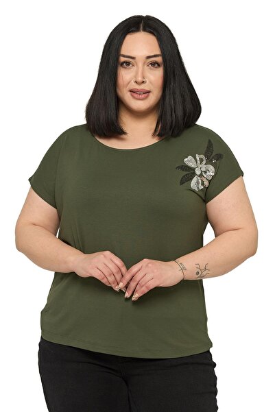 DISENTIS MODEST Plus Size Low Short Sleeve Daisy Patterned Khaki Blouse on th...