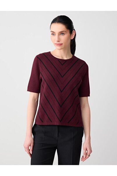 Jimmy Key Bordo Polo Yaka Kısa Kollu Çizgi Desenli Triko Bluz