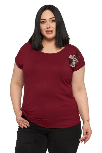 DISENTIS MODEST Bluză roșie claret cu mânecă scurtă și imprimeu cu margarete ...