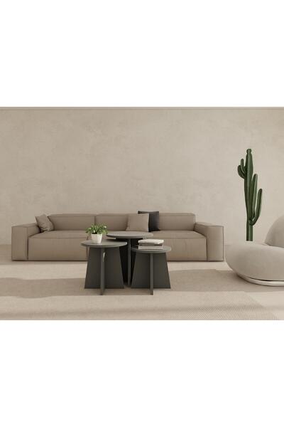 Masif Market Mantar Üçlü Zigon Sehpa Koyugri Renk