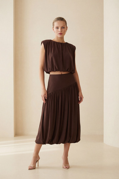 Setre Brown Draped Blouse with Pleated Detail and Full-Fit Skirt