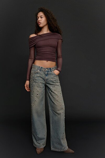 Bershka Asimetrik tül uzun kollu tişört