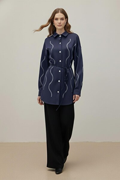 Loreen Cămașă scuba cu detalii din piatră pentru femei - 20704GML - NAVY