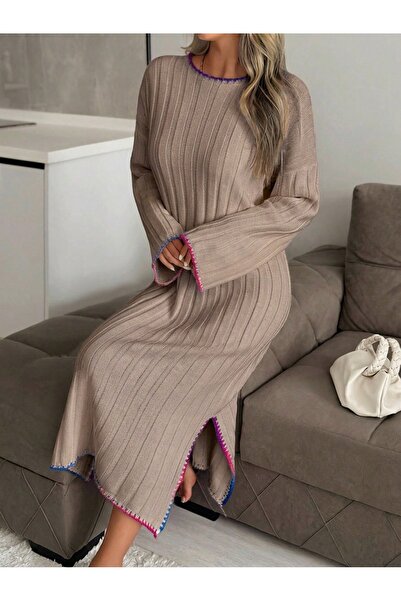 Sea Style Women's Beige Ribbed Knitwear Maxi Dress – Long Sleeve Loose Fit