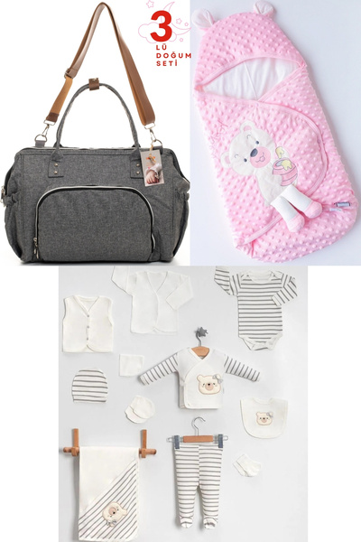 Pimadyo Set of 3 (Baby Care Bag, 10-Piece Hospital Discharge Pack, Swaddle)