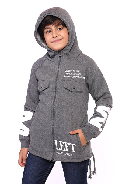 Toontoy Boy's Hooded Zippered Pocketed Drop Shoulder Printed Raglan Sleeve Kn...