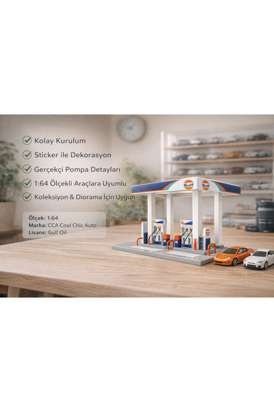 mattel CCA 1:64 Gulf Oil Gas Station Diorama – Koleksiyonluk Premium Vitrin S...