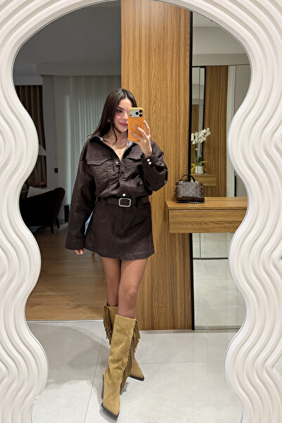 Gizem Ecemiş Bouje Kahve Kemerli Denim Elbise