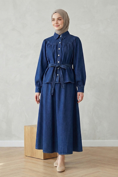 FERHEL Women's Buttoned Front Skirt Blouse Jeans Set Navy Blue