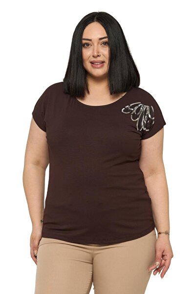 DISENTIS MODEST Plus Size Low Short Sleeve Drop Patterned Brown Blouse on the...