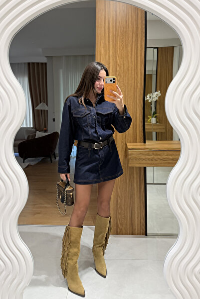 Gizem Ecemiş Bouje Lacivert Kemerli Denim Elbise