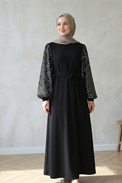 FERHEL Women's Imported Lycra Hijab Dress with Sequined Sleeves and Belt - Si...