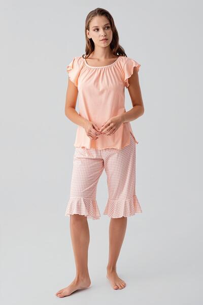 Artış Short Sleeve Gingham Patterned Stretchy Cotton Pajama Set