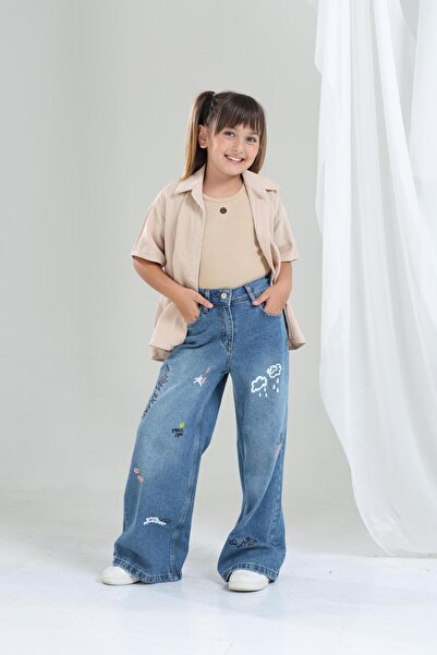 GİYİCEM TEKSTİL Girl's Basic Regular Patterned Jeans 2216