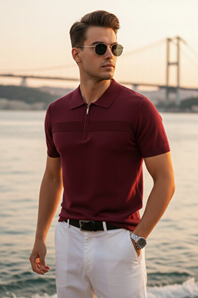 Maccali Men's Trend Burgundy Polo Collar Knitwear T-Shirt