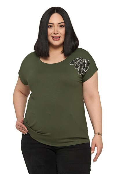 DISENTIS MODEST Plus Size Low Short Sleeve Drop Patterned Khaki Blouse on the...