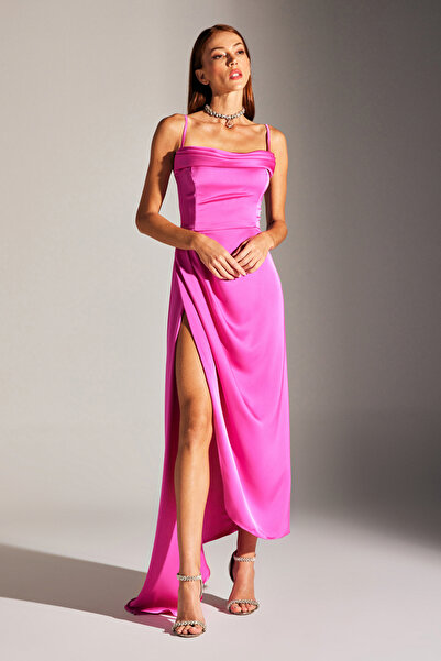 BETTY & SAM Violet Pembe Saten Drapeli Askılı Elbise