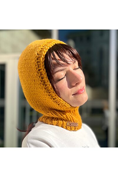 daldandala Hardal El Örgüsü Kadın Balaklava %25 Yün Boyunluklu Bere